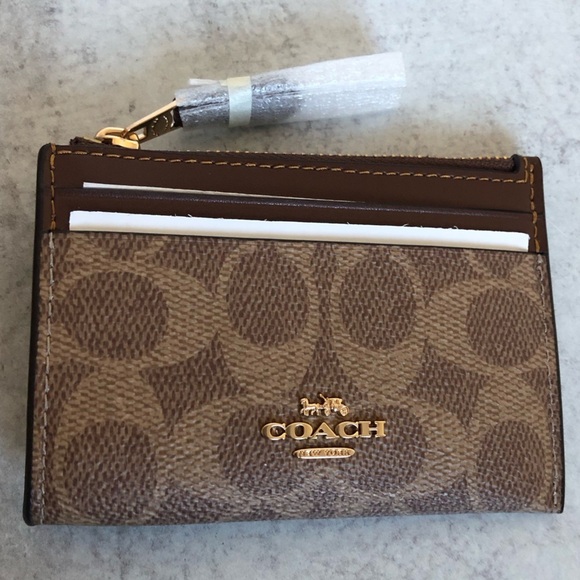 Coach Signature Mini Skinny Key ID Card Case Sand Taupe Gold Coach Logo - Picture 1 of 7